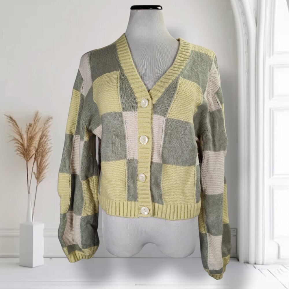 & Other Stories Wool Camel Hair Cardigan M Green Yellow Check Knit